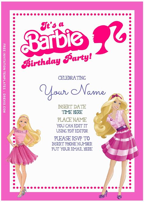 Free Editable PDF – Lovely Cartoon Barbie Girl Birthday Invitation ...