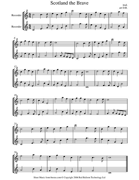 Scotland the Brave sheet music for Recorder Duet - 8notes.com | Sheet ...