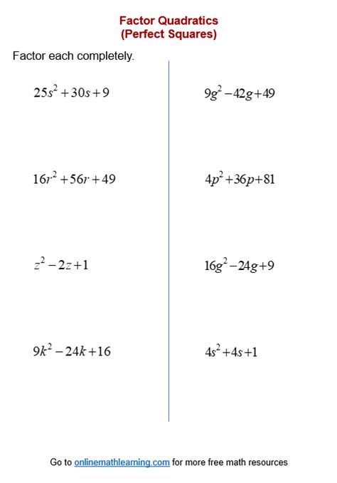 Perfect Square Trinomial Worksheets (printable, online, answers, examples)