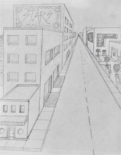 a drawing of a city street with buildings