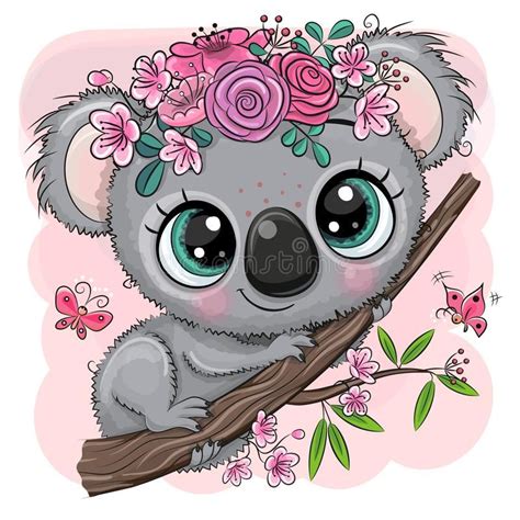 Koala with flowers on a tree on a pink background. Cute Cartoon Koala ...