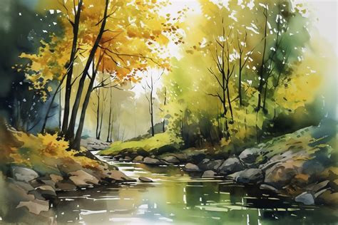 Paint a watercolor landscape of a forest with a winding stream or river ...