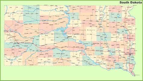 Road map of South Dakota with cities