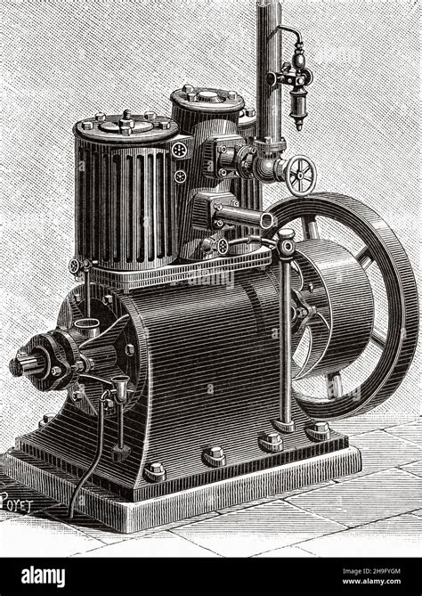 Westinghouse system high speed steam engine. Old 19th century engraved ...