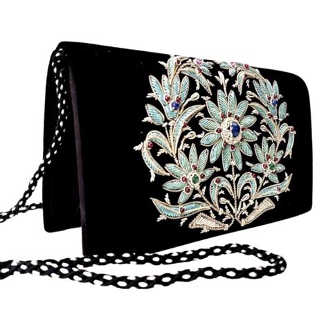 Black velvet evening bag embroidered with blue flowers, zardozi purse ...