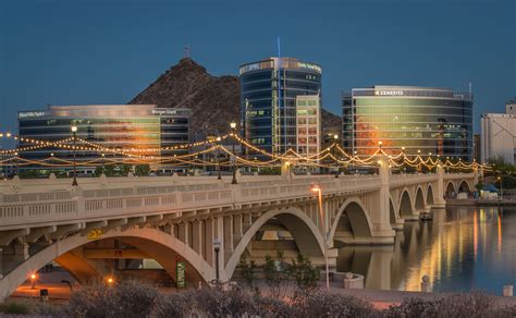 Tempe Town Lake Bridge Arizona. Mill Ave skyline sunset. | Tempe town ...