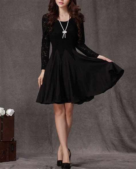 Long Sleeved Black Lace Chiffon Dress / Little Black Dress / Black Fit ...