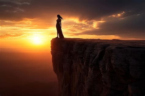 Premium Photo | Woman standing on cliff edge at sunset