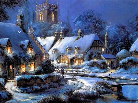 Download Church House Village Snow Winter Artistic Painting HD Wallpaper