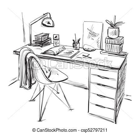 Table with a computer or workplace drawn by hand doodle style. Vector ...