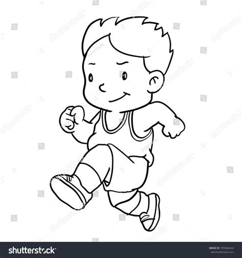 Hand drawing of boy running isolated on white background. Black and ...