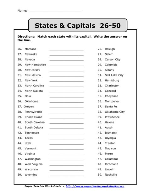 Us States And Capitals Printable Worksheets