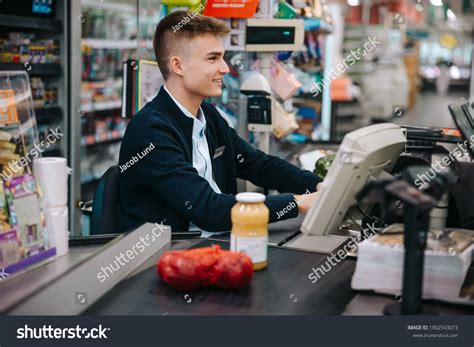 Man Working Grocery Store Checkout Young Stock Photo 1902543073 ...