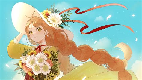 Braid Long Hair Anime Girl Flowers Blue Sky HD Anime Girl Wallpapers ...