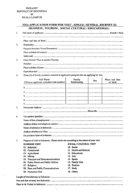 Indonesia Visa Application Form For Visit - Single/several Journey(S ...