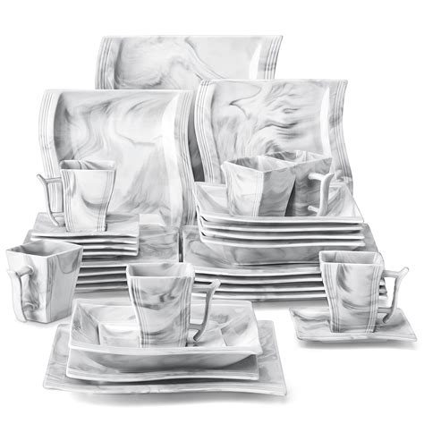 MALACASA Dinnerware Sets, 30 Piece Marble Grey Square Plates and Bowls ...