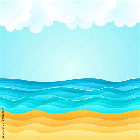 Summer cartoon of beach scene with sand beach, sea waves and fluffy ...