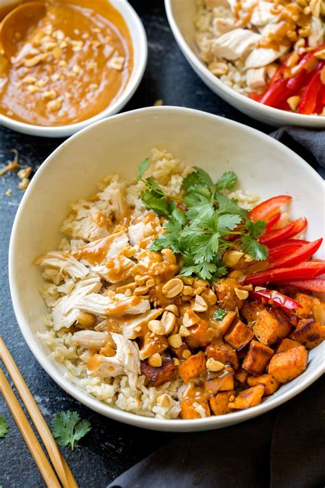 Chicken Veggie and Brown Rice Bowls with Peanut Sauce - Cooking Classy