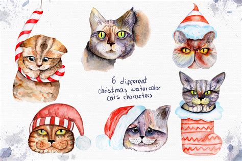 Christmas CATS Watercolor Clipart By tanatadesign | TheHungryJPEG