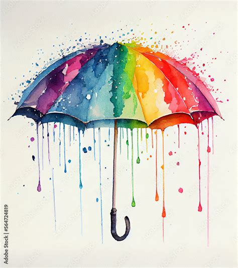 Watercolor illustration of umbrella with pouring rainbow over it on ...