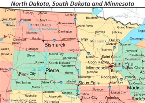 Map of North Dakota, South Dakota and Minnesota