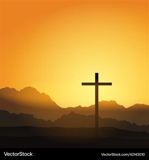 Christian cross on hill outdoors at sunrise Vector Image