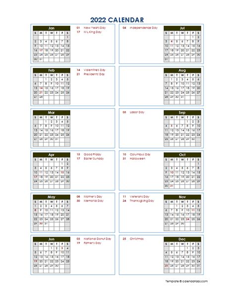 2022 Yearly Calendar Template Vertical Design - Free Printable Templates