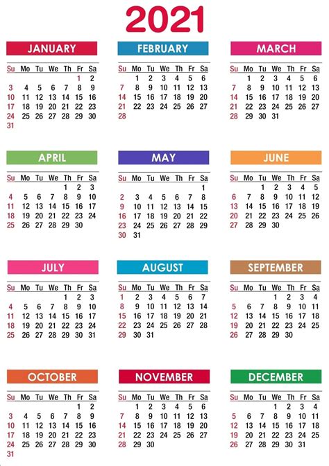 12 Month Printable 2021 Calendar - Printable Calendar 2023