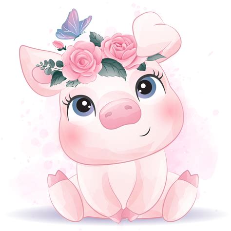 Cute piggy clipart with watercolor illustration