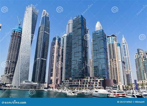 Dubai marina skyline editorial photography. Image of dubaiboat - 261316962