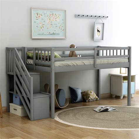 Euroco Wood Twin Loft Bed with Stairs, Guard Rail and Storage Shelf for ...