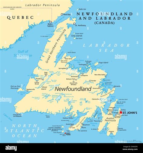 Island of Newfoundland, political map. Part of Canadian province of ...