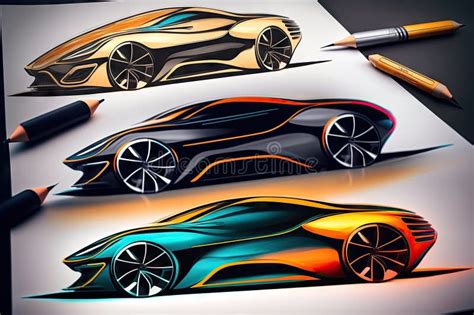 Car Design Sketches with Different Color Schemes, Showing Off a Sleek ...