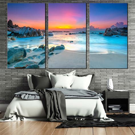 Stony Beach Canvas Wall Art, Yellow Sky Ocean Rocks Sea 3 Piece Canvas ...