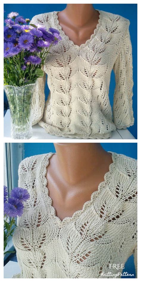 Knit Women Leaf Pullover Sweater Free Knitting Pattern - Knitting Pattern