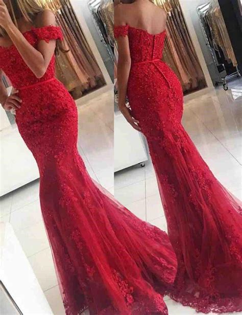 Mermaid Off-the-Shoulder Sweep Train Red Prom Dress with Sash Lace in ...