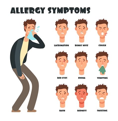 Allergy symptoms with sneezing cartoon man. medical vector illustration ...