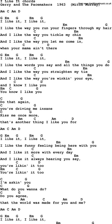 Song lyrics with guitar chords for I Like It