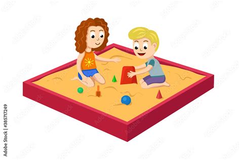 Kids, girl and a boy are playing in the sandbox. Children in the ...