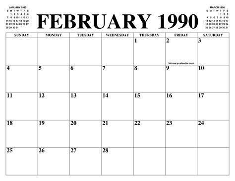 FEBRUARY 1990 CALENDAR OF THE MONTH: FREE PRINTABLE FEBRUARY CALENDAR ...