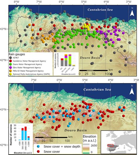 Topographic map of Cantabrian Mountains. Points form the rain and snow ...