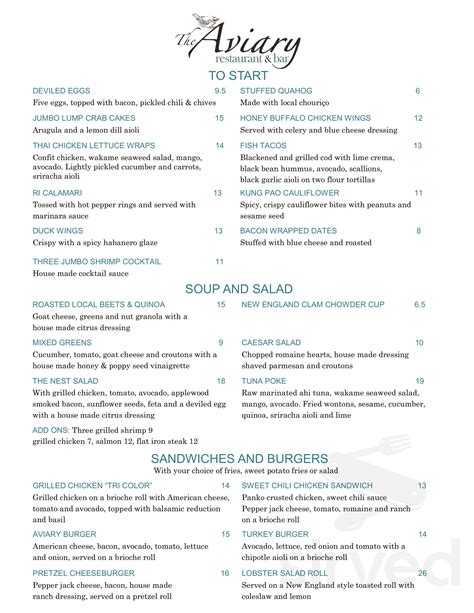 The Aviary Restaurant menu in Swansea, Massachusetts, USA