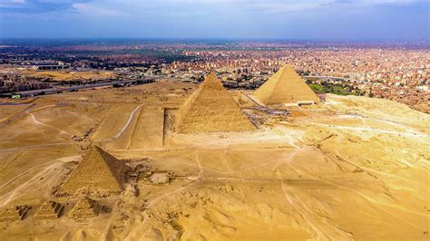 Aerial landscape view of Giza pyramids in Egypt shot by drone ...