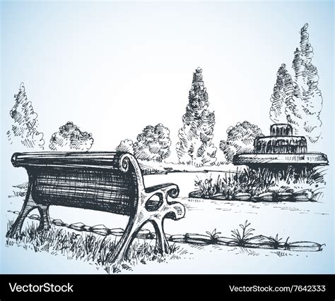 Park sketch a fountain and bench Royalty Free Vector Image