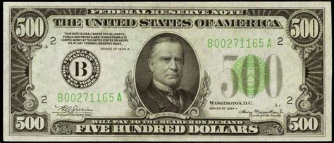 1934 A 500 Dollar Federal Reserve Note. B - Bank of New York Portrait ...