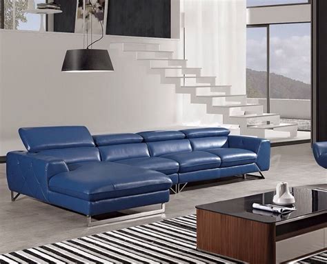 3PC Modern Blue Italian Full Top Grain Leather Sectional Sofa Chaise ...