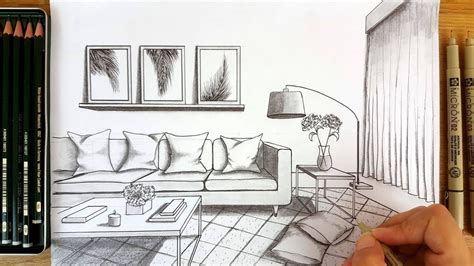 Drawing A Modern Living Room In One Point Perspective | Timelapse how ...