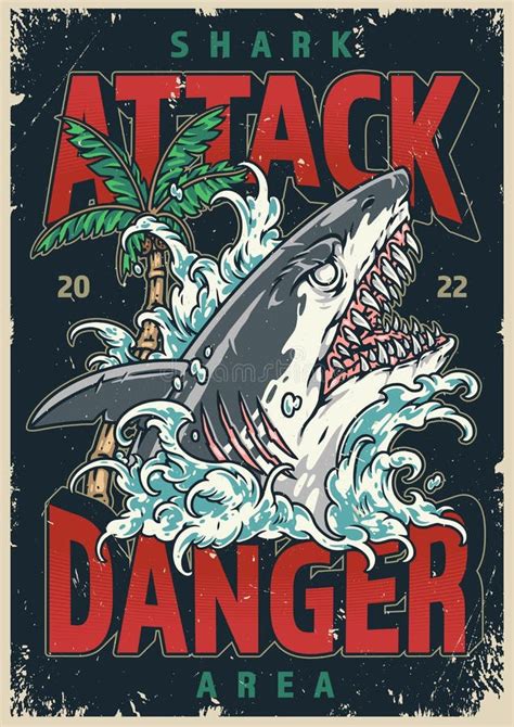 Shark Attack Colorful Vintage Poster Stock Vector - Illustration of ...