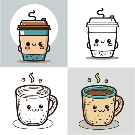 Coffee Cup Logo, Cute Coffee Cup Cartoon line art colorful Vector ...