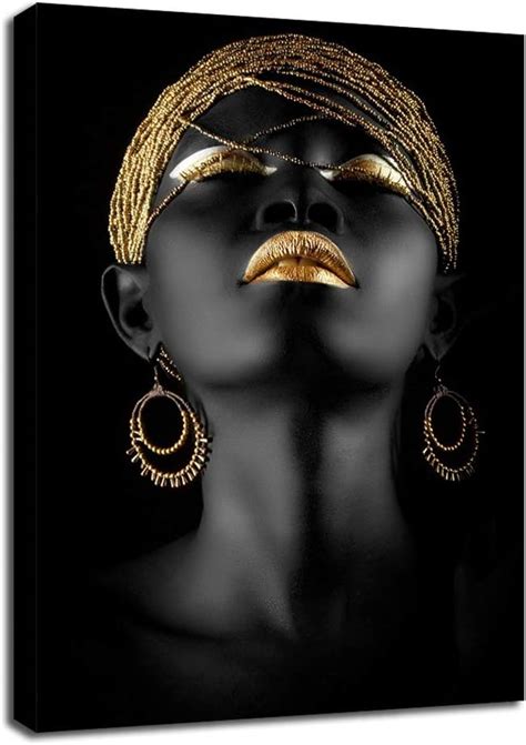 Fchen Art African Gold and Black Women Portrait Wall Decor Canvas Print Living Room Wall Decor ...